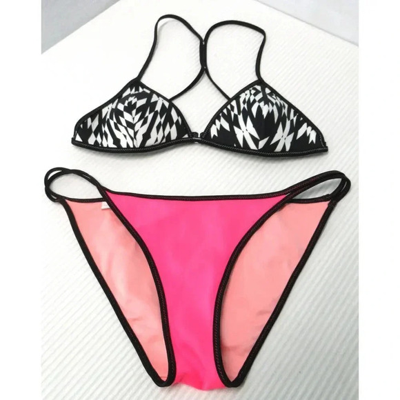 Victoria's Secret Swim Racerback Bikini Top and Strapy Bottoms Black White Pink - Picture 1 of 7